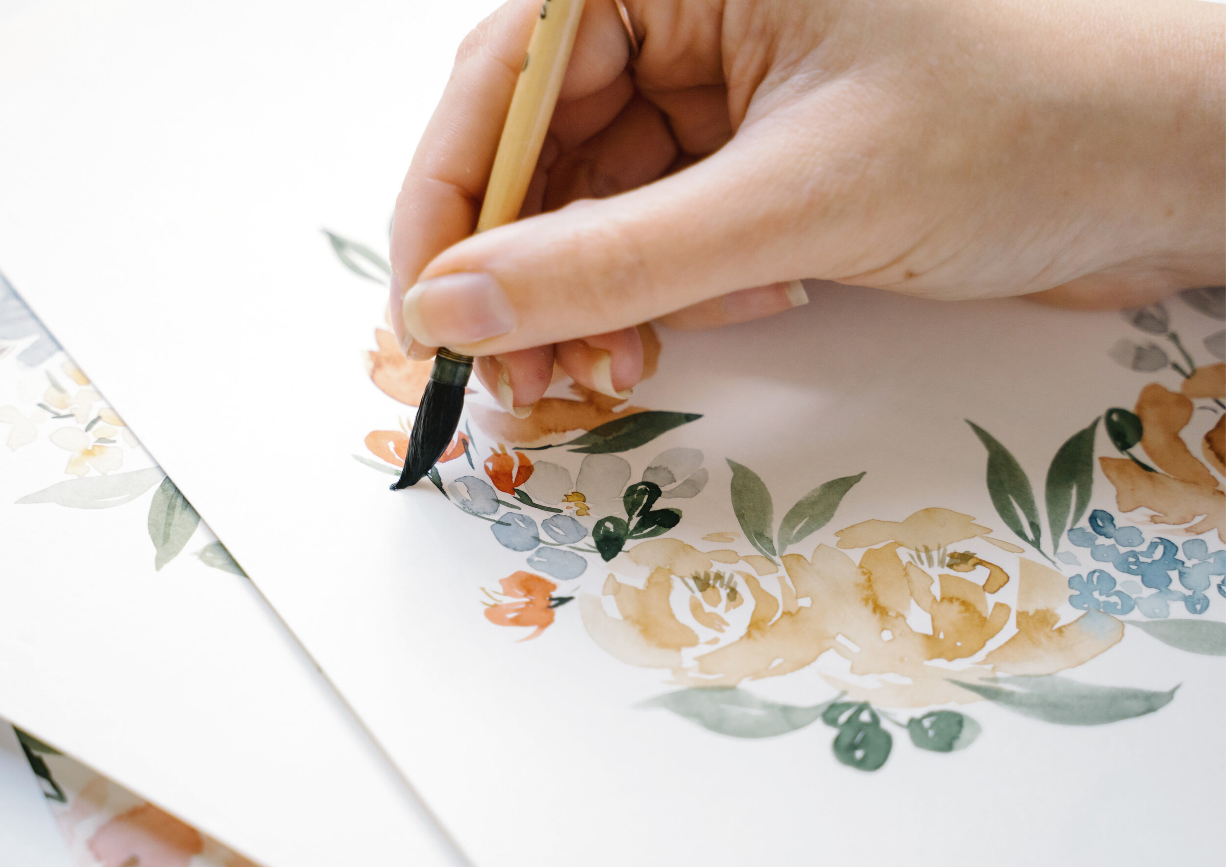    SKETCHES & design     -  With your notes and ideas I get painting and sketching, thinking about the textures and presentation of the final design from the very beginning. Carefully crafting your dream, keepsake piece I’ll arrive at 2-3 versions for us to chat through and settle on the one you love the most that we’ll go on to tweak and add the finishing touches to. 